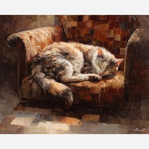 feline, figure, curled, textured, chair, pooled, warm, square, feline presence, resting figure, window light, quiet companion, soft fur, domestic calm, watchful pose, indoor stillness, gentle shadow, subtle movement, oil painting palette knife, textured impasto