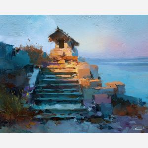 small, shrine, standing, near, broken, steps, hovering, faint, quiet harbor, mediterranean landscape, ancient coast, marble architecture, seaside village, stone terrace, Aegean light, hillside dwellings, historic shoreline, sunlit masonry, oil painting palette knife, textured impasto