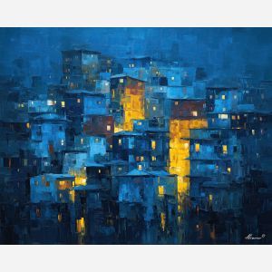 block, buildings, fading, into, electric, dissolving, upward, warm night color, jazz atmosphere, brick facade, city rhythm, evening street, club doorway, neighborhood glow, urban pattern, historic energy, layered silhouettes, oil painting palette knife, textured impasto, layered pigments