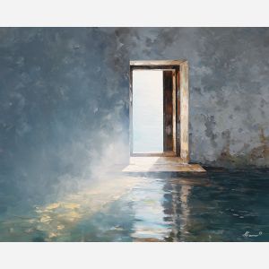doorway, opening, into, faint, drifting, steam, touching, water, ceramic texture, tiled interior, soft steam, reflective glass, porcelain surface, quiet routine, domestic stillness, subtle moisture, bath corner, intimate space, oil painting palette knife, textured impasto