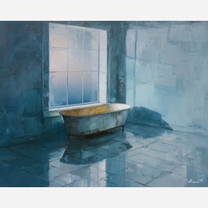 small, tiled, room, with, standing, blurred, mist, glass, tiled interior, soft steam, reflective glass, porcelain surface, quiet routine, domestic stillness, subtle moisture, bath corner, intimate space, ceramic texture, oil painting palette knife, textured impasto