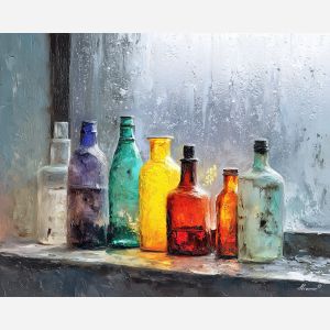 ledge, glass, bottles, near, basin, diffusing, through, high, quiet routine, domestic stillness, subtle moisture, bath corner, intimate space, ceramic texture, tiled interior, soft steam, reflective glass, porcelain surface, oil painting palette knife, textured impasto