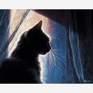 silhouette, framed, thin, curtain, glowing, faintly, around, edges, soft fur, domestic calm, watchful pose, indoor stillness, gentle shadow, subtle movement, feline presence, resting figure, window light, quiet companion, oil painting palette knife, textured impasto