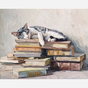 feline, resting, atop, stack, books, sliding, across, back, domestic calm, watchful pose, indoor stillness, gentle shadow, subtle movement, feline presence, resting figure, window light, quiet companion, soft fur, oil painting palette knife, textured impasto