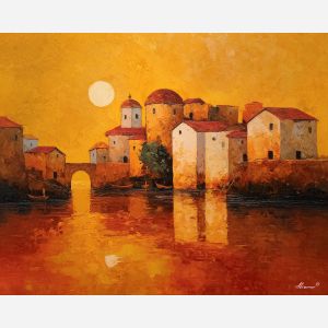 village, rounded, homes, earth, washed, pale, early-morning, gold, red earth, acacia silhouettes, village pattern, heat shimmer, distant hills, amber distance, open plain, sun-steeped land, textured horizon, savanna expanse, oil painting palette knife, textured impasto