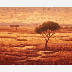 broad, savanna, broken, scattered, trees, glowing, with, deep, savanna expanse, red earth, acacia silhouettes, village pattern, heat shimmer, distant hills, amber distance, open plain, sun-steeped land, textured horizon, oil painting palette knife, textured impasto
