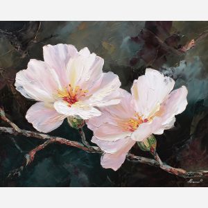 blossoms, leaning, closely, toward, another, spreading, pale, halo, natural curve, petal layers, subtle fragrance, gentle color, organic shapes, floral arrangement, delicate blossoms, glass vase, garden suggestion, soft bouquet, oil painting palette knife, textured impasto