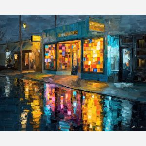 storefront, plane, broken, color, rectangles, reflecting, narrow, streaks, urban pattern, historic energy, layered silhouettes, warm night color, jazz atmosphere, brick facade, city rhythm, evening street, club doorway, neighborhood glow, oil painting palette knife, textured impasto
