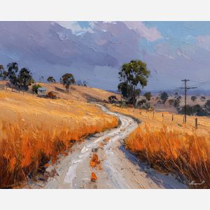 dusty, track, winding, toward, hills, smudged, rising, dust, village pattern, heat shimmer, distant hills, amber distance, open plain, sun-steeped land, textured horizon, savanna expanse, red earth, acacia silhouettes, oil painting palette knife, textured impasto