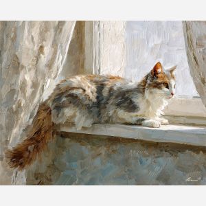 poised, along, sunlit, windowsill, filtering, through, soft, afternoon, resting figure, window light, quiet companion, soft fur, domestic calm, watchful pose, indoor stillness, gentle shadow, subtle movement, feline presence, oil painting palette knife, textured impasto