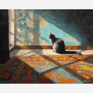 sitting, edge, patterned, falling, diagonally, through, nearby, window, gentle shadow, subtle movement, feline presence, resting figure, window light, quiet companion, soft fur, domestic calm, watchful pose, indoor stillness, oil painting palette knife, textured impasto