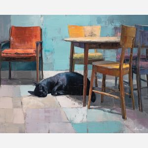 slipping, between, table, chair, legs, stretching, bands, across, quiet companion, soft fur, domestic calm, watchful pose, indoor stillness, gentle shadow, subtle movement, feline presence, resting figure, window light, oil painting palette knife, textured impasto
