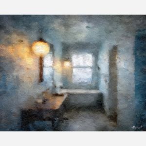 small, tiled, room, with, standing, blurred, mist, glass, tiled interior, soft steam, reflective glass, porcelain surface, quiet routine, domestic stillness, subtle moisture, bath corner, intimate space, ceramic texture, oil painting palette knife, textured impasto