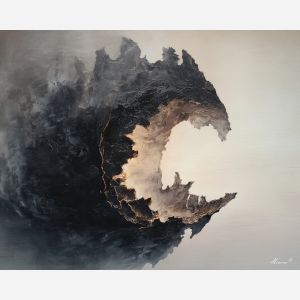 hollowed, shape, half, dissolving, into, background, softening, quiet memento, shadowed object, textured stillness, symbolic bone, hollow form, chiaroscuro study, tonal contrast, meditative dark, aged material, organic arc, oil painting palette knife, textured impasto, layered pigments