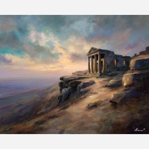 cliffside, temple, with, softened, marble, contours, bathed, hazy, ancient coast, marble architecture, seaside village, stone terrace, Aegean light, hillside dwellings, historic shoreline, sunlit masonry, quiet harbor, mediterranean landscape, oil painting palette knife, textured impasto