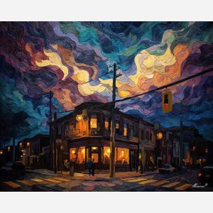 street, corner, humming, with, layered, silhouettes, thick, jazz atmosphere, brick facade, city rhythm, evening street, club doorway, neighborhood glow, urban pattern, historic energy, layered silhouettes, warm night color, oil painting palette knife, textured impasto, layered pigments