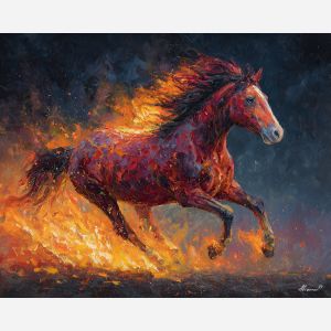 galloping, steed, trailing, ribbons, immersed, drifting, fire horse, zodiac horse, chinese zodiac, flame steed, fiery motion, crimson energy, molten palette, horse silhouette, palette knife, textured impasto, sculpted pigment, dynamic strokes, burning form, ember colors