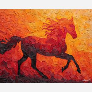 silhouette, horse, burning, vapor, carved, bright, fire horse, zodiac horse, chinese zodiac, flame steed, fiery motion, crimson energy, molten palette, horse silhouette, palette knife, textured impasto, sculpted pigment, dynamic strokes, burning form, ember colors