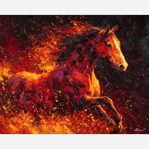 blazing, stallion, charging, through, drifting, sparks, fire horse, zodiac horse, chinese zodiac, flame steed, fiery motion, crimson energy, molten palette, horse silhouette, palette knife, textured impasto, sculpted pigment, dynamic strokes, burning form, ember colors