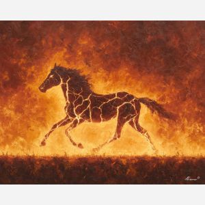 molten, equine, outline, emerging, glowing, ground, fire horse, zodiac horse, chinese zodiac, flame steed, fiery motion, crimson energy, molten palette, horse silhouette, palette knife, textured impasto, sculpted pigment, dynamic strokes, burning form, ember colors