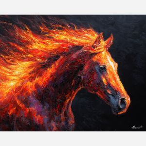 embers, sweeping, outward, motion, highlighted, radiant, fire horse, zodiac horse, chinese zodiac, flame steed, fiery motion, crimson energy, molten palette, horse silhouette, palette knife, textured impasto, sculpted pigment, dynamic strokes, burning form, ember colors