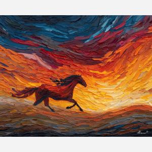 heat_warped, horizon, bending, behind, flaming, steed, fire horse, zodiac horse, chinese zodiac, flame steed, fiery motion, crimson energy, molten palette, horse silhouette, palette knife, textured impasto, sculpted pigment, dynamic strokes, burning form, ember colors