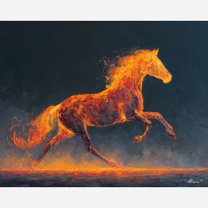 molten, equine, outline, emerging, glowing, ground, fire horse, zodiac horse, chinese zodiac, flame steed, fiery motion, crimson energy, molten palette, horse silhouette, palette knife, textured impasto, sculpted pigment, dynamic strokes, burning form, ember colors