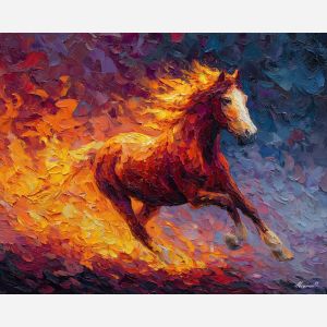 blazing, stallion, charging, through, drifting, sparks, fire horse, zodiac horse, chinese zodiac, flame steed, fiery motion, crimson energy, molten palette, horse silhouette, palette knife, textured impasto, sculpted pigment, dynamic strokes, burning form, ember colors