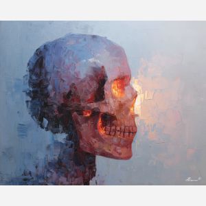 skeletal, silhouette, rendered, fractured, strokes,, glimmering, palette knife, oil painting, textured impasto, layered pigment, dynamic strokes, sculpted paint, expressive surface, abstract detail, rich color, chromatic texture