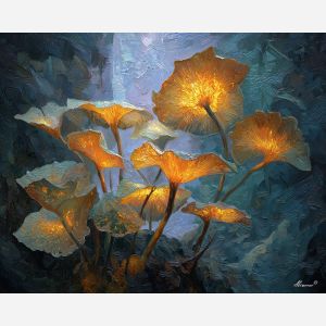 surreal, cluster, glowing, mushroom, forms,, shifting, palette knife, oil painting, textured impasto, layered pigment, dynamic strokes, sculpted paint, expressive surface, abstract detail, rich color, chromatic texture