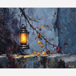 dimly, scene, haunting, seasonal, motifs,, surrounded, palette knife, oil painting, textured impasto, layered pigment, dynamic strokes, sculpted paint, expressive surface, abstract detail, rich color, chromatic texture