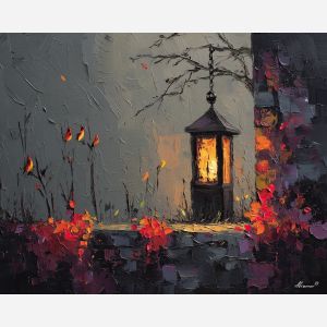 dimly, scene, haunting, seasonal, motifs,, pressed, palette knife, oil painting, textured impasto, layered pigment, dynamic strokes, sculpted paint, expressive surface, abstract detail, rich color, chromatic texture