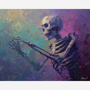 skeletal, silhouette, rendered, fractured, strokes,, immersed, palette knife, oil painting, textured impasto, layered pigment, dynamic strokes, sculpted paint, expressive surface, abstract detail, rich color, chromatic texture