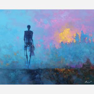 skeletal, silhouette, rendered, fractured, strokes,, bright, palette knife, oil painting, textured impasto, layered pigment, dynamic strokes, sculpted paint, expressive surface, abstract detail, rich color, chromatic texture