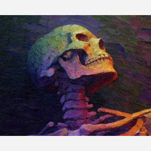 skeletal, silhouette, rendered, fractured, strokes,, immersed, palette knife, oil painting, textured impasto, layered pigment, dynamic strokes, sculpted paint, expressive surface, abstract detail, rich color, chromatic texture