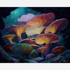 surreal, cluster, glowing, mushroom, forms,, outlined, palette knife, oil painting, textured impasto, layered pigment, dynamic strokes, sculpted paint, expressive surface, abstract detail, rich color, chromatic texture