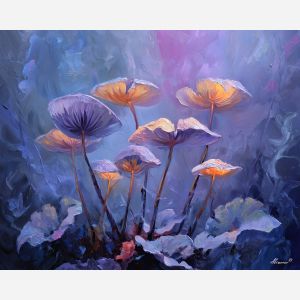 surreal, cluster, glowing, mushroom, forms,, glimmering, palette knife, oil painting, textured impasto, layered pigment, dynamic strokes, sculpted paint, expressive surface, abstract detail, rich color, chromatic texture