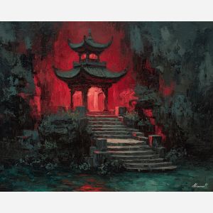 scene, influenced, classical, chinese, forms,, bathed, palette knife, oil painting, textured impasto, layered pigment, dynamic strokes, sculpted paint, expressive surface, abstract detail, rich color, chromatic texture