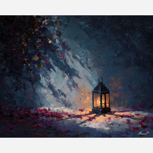 dimly, scene, haunting, seasonal, motifs,, surrounded, palette knife, oil painting, textured impasto, layered pigment, dynamic strokes, sculpted paint, expressive surface, abstract detail, rich color, chromatic texture