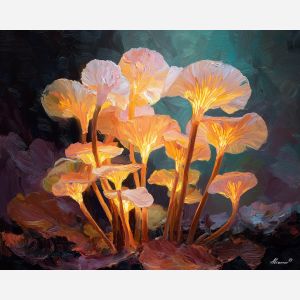 surreal, cluster, glowing, mushroom, forms,, immersed, palette knife, oil painting, textured impasto, layered pigment, dynamic strokes, sculpted paint, expressive surface, abstract detail, rich color, chromatic texture