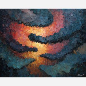 rustic, pattern, echoing, traditional, motifs,, bathed, palette knife, oil painting, textured impasto, layered pigment, dynamic strokes, sculpted paint, expressive surface, abstract detail, rich color, chromatic texture