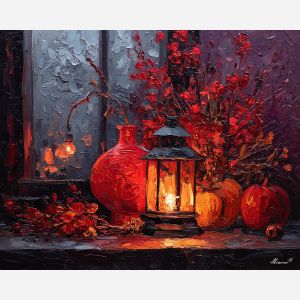 dimly, scene, haunting, seasonal, motifs,, glowing, palette knife, oil painting, textured impasto, layered pigment, dynamic strokes, sculpted paint, expressive surface, abstract detail, rich color, chromatic texture