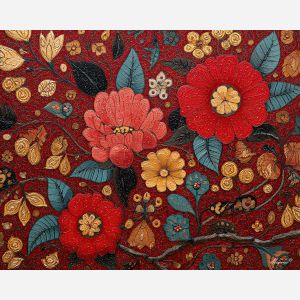 rustic, pattern, echoing, traditional, motifs,, outlined, palette knife, oil painting, textured impasto, layered pigment, dynamic strokes, sculpted paint, expressive surface, abstract detail, rich color, chromatic texture