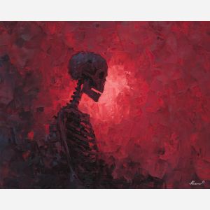 skeletal, silhouette, rendered, fractured, strokes,, bathed, palette knife, oil painting, textured impasto, layered pigment, dynamic strokes, sculpted paint, expressive surface, abstract detail, rich color, chromatic texture