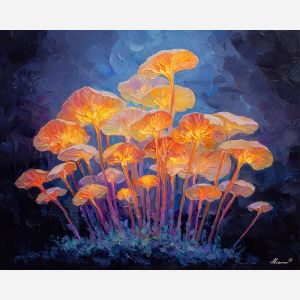 surreal, cluster, glowing, mushroom, forms,, palette knife, oil painting, textured impasto, layered pigment, dynamic strokes, sculpted paint, expressive surface, abstract detail, rich color, chromatic texture