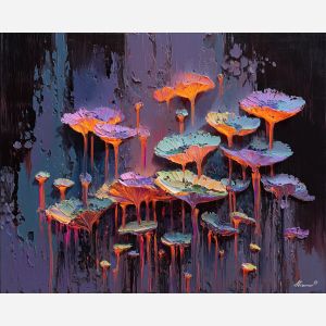 surreal, cluster, glowing, mushroom, forms,, bright, palette knife, oil painting, textured impasto, layered pigment, dynamic strokes, sculpted paint, expressive surface, abstract detail, rich color, chromatic texture