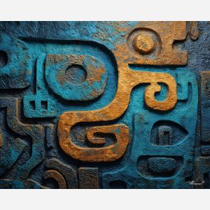 ancient, symbolic, shapes, inspired, mayan, aesthetics,, palette knife, oil painting, textured impasto, layered pigment, dynamic strokes, sculpted paint, expressive surface, abstract detail, rich color, chromatic texture