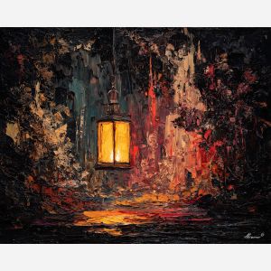 dimly, scene, haunting, seasonal, motifs,, bathed, palette knife, oil painting, textured impasto, layered pigment, dynamic strokes, sculpted paint, expressive surface, abstract detail, rich color, chromatic texture