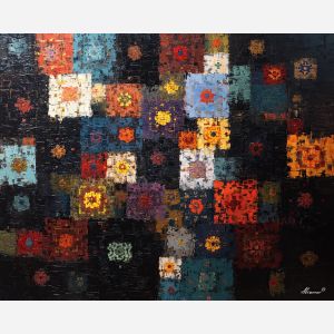 rustic, pattern, echoing, traditional, motifs,, shifting, palette knife, oil painting, textured impasto, layered pigment, dynamic strokes, sculpted paint, expressive surface, abstract detail, rich color, chromatic texture