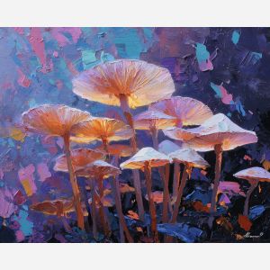 surreal, cluster, glowing, mushroom, forms,, fading, palette knife, oil painting, textured impasto, layered pigment, dynamic strokes, sculpted paint, expressive surface, abstract detail, rich color, chromatic texture